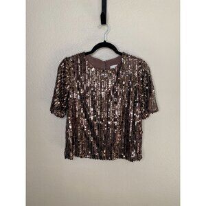 Loft Womens Brown Short Sleeve Sequin Top Sparkle‎ Bronze Polyester Blend XS